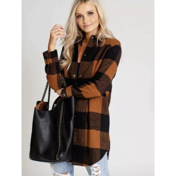 BB Dakota Eldridge Plaid Check Shirt Jacket Shacket Sz. Large Brown Orange Black - Picture 1 of 10